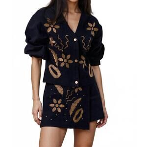 NEW LALAVON michelle embroidered long sleeve button-down jacket in black